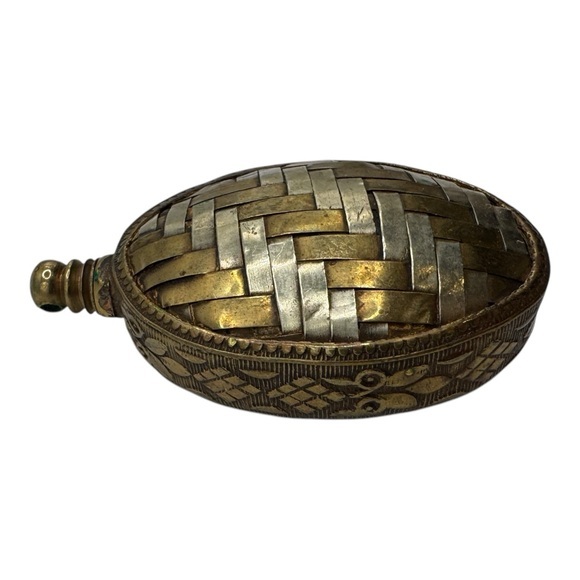 Antique Brass and Silver toned Inlay Pendant, Woven Design, Handcrafted, 2”‎ - Picture 5 of 8